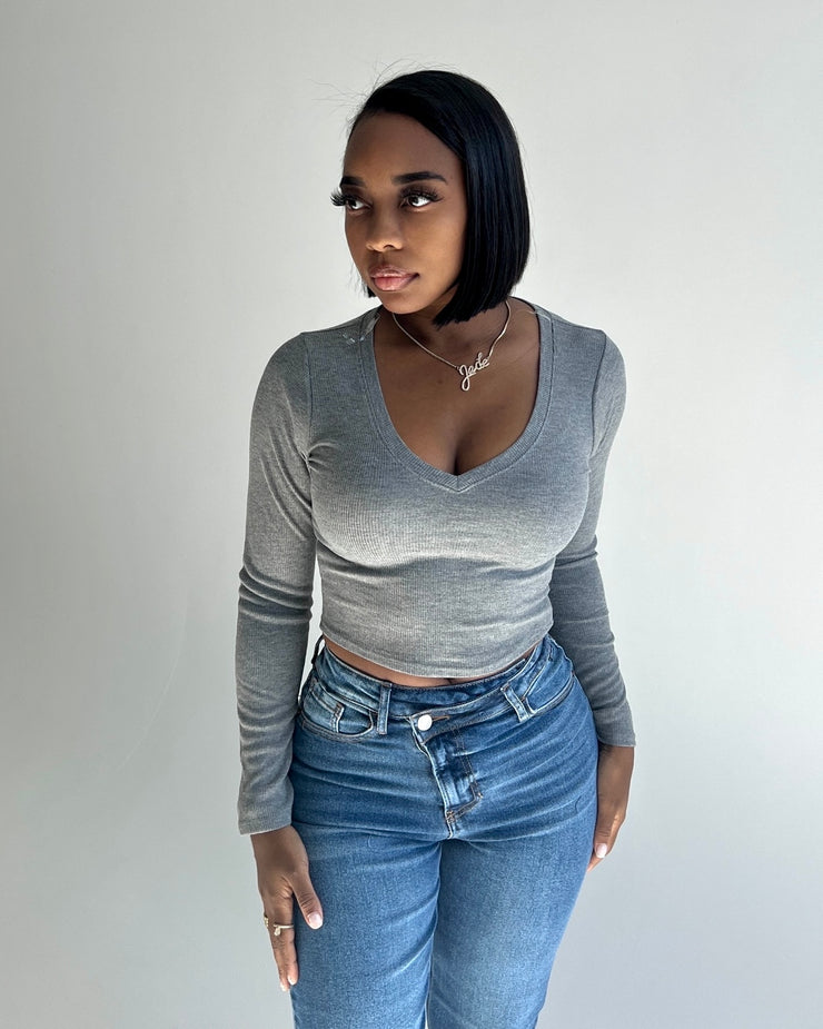 Baesics : Ribbed Long Sleeve V Neck Crop Top