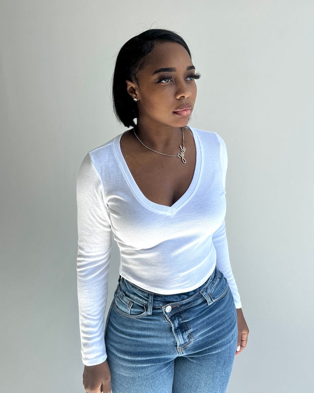 Baesics : Ribbed Long Sleeve V Neck Crop Top