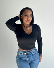 Baesics : Ribbed Long Sleeve V Neck Crop Top