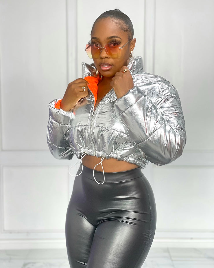 Metallic Cropped Puffer