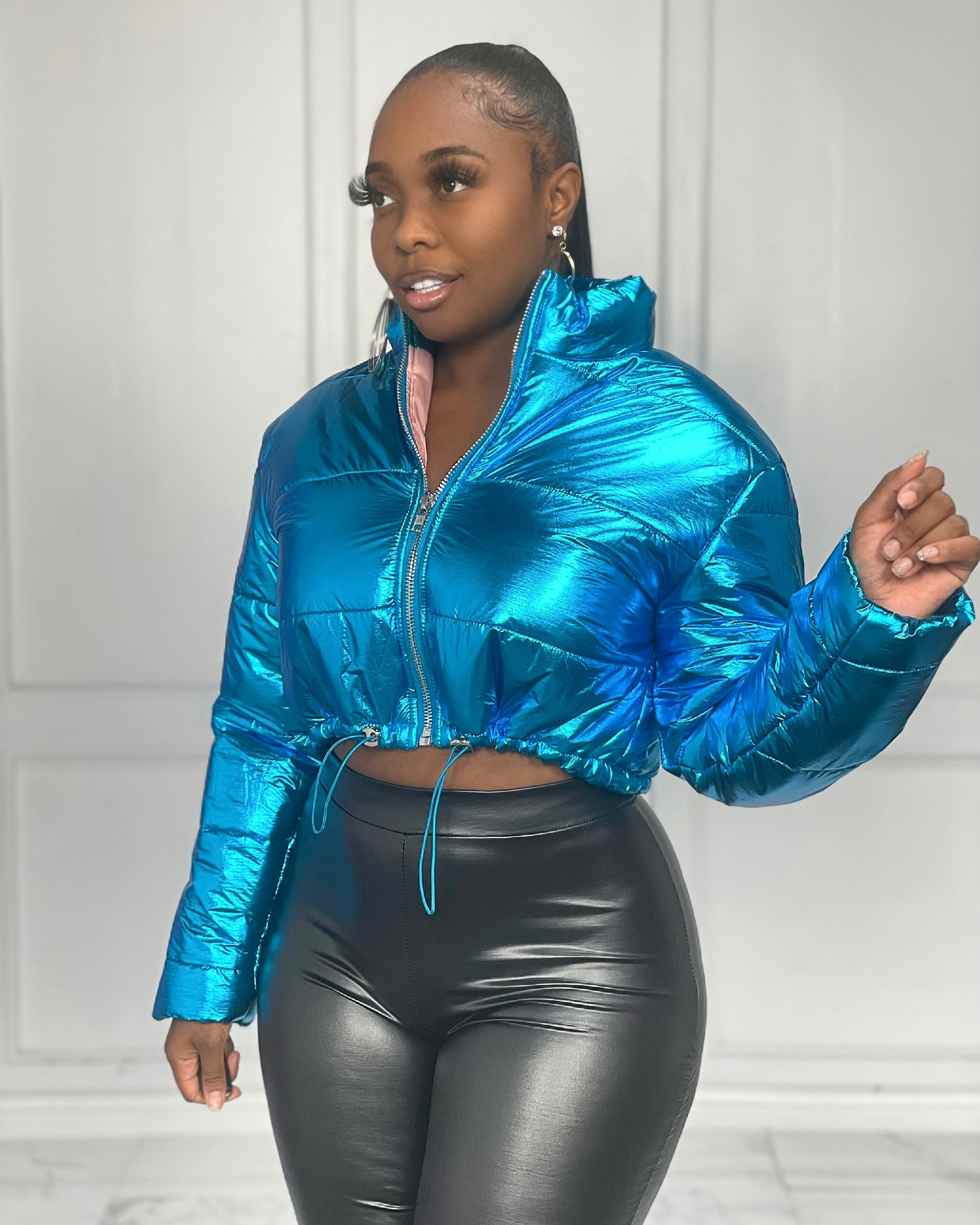 Metallic cropped puffer store jacket